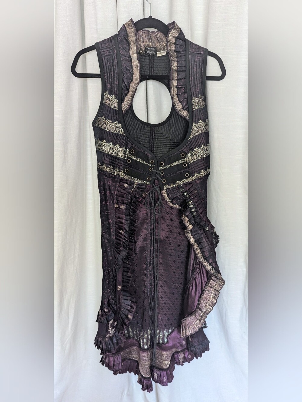 Women's Adjustable 100%Silk Lace-Up Ruffled Vest in Deep Plum With Gold Accent